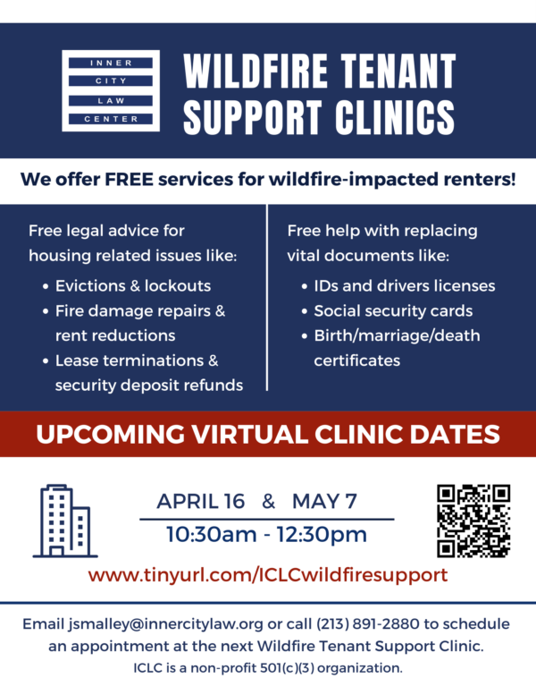 Wildfire Tenant Support Clinic Flyer (April 16, May 7)